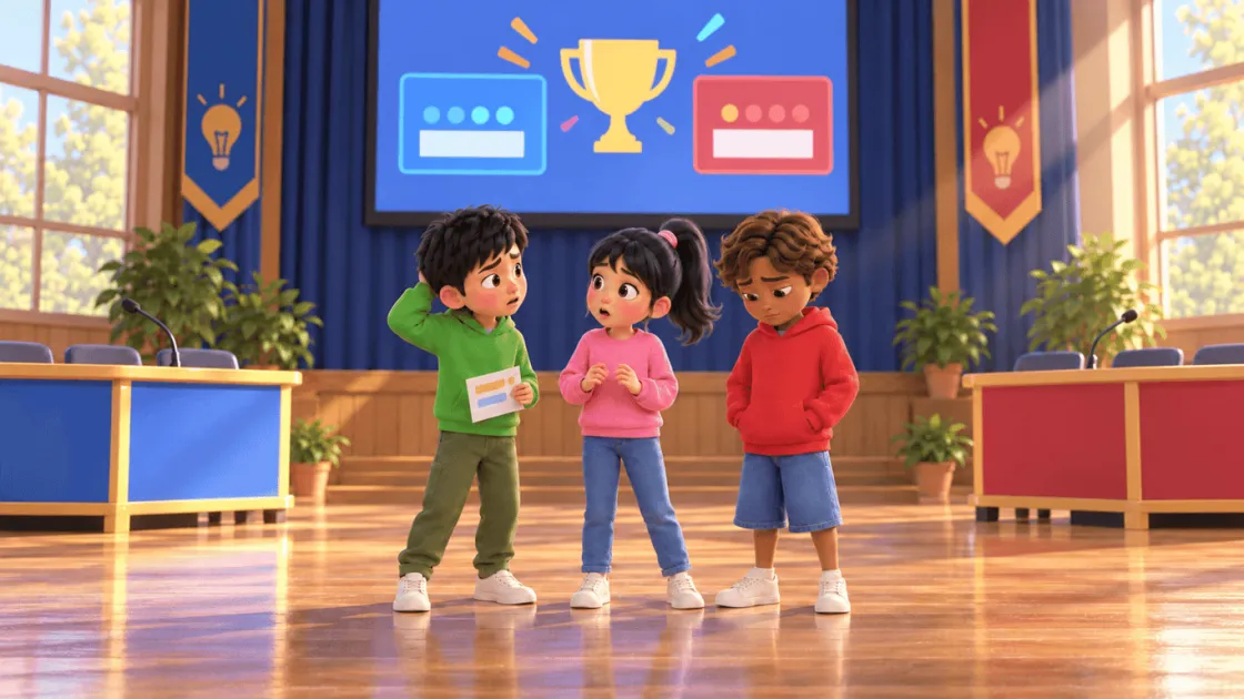 Three children stand in a school hall under a quiz scoreboard; a boy frowns at the score card in his hand while a boy from the other team looks down