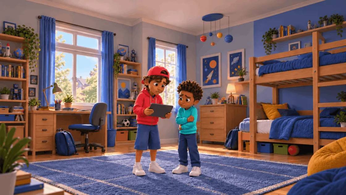 In a bedroom, a boy looks at a tablet while his worried younger brother stands beside him with his arms crossed