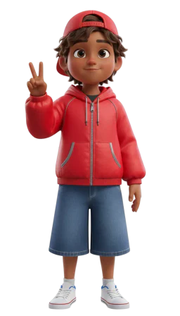A boy in a red cap and hoodie making a peace sign
