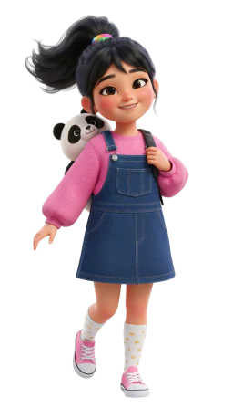 A girl with a panda backpack, walking