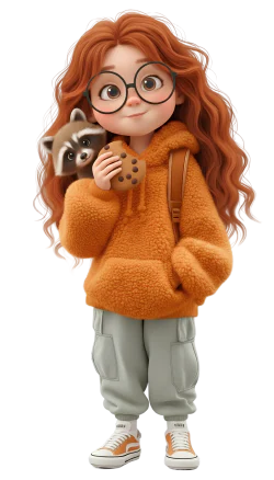 A girl in glasses holding a cookie, with a raccoon on her shoulder