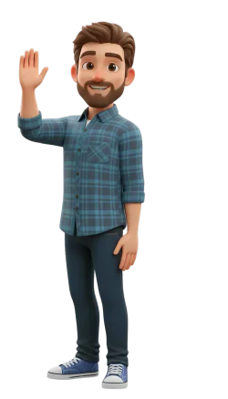 A smiling man in a checked shirt, waving