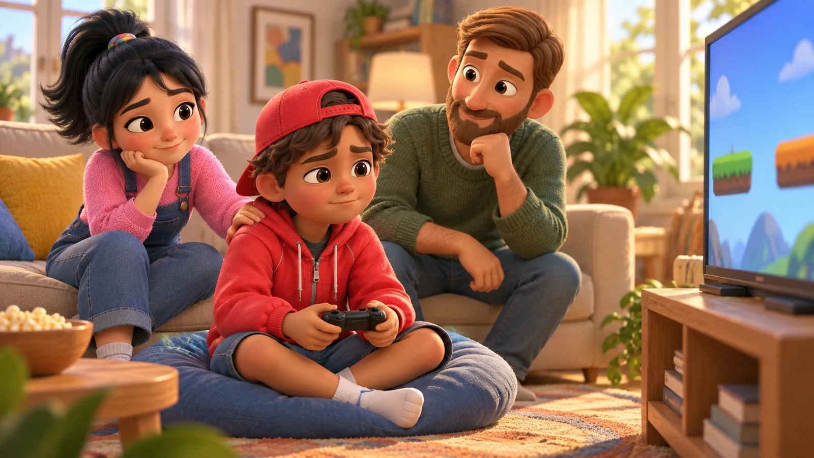A boy pauses with a controller on his knees after losing a video game.