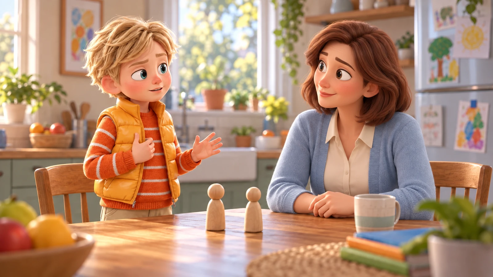 A boy rehearses beside two wooden figures while his mother listens across the kitchen table.