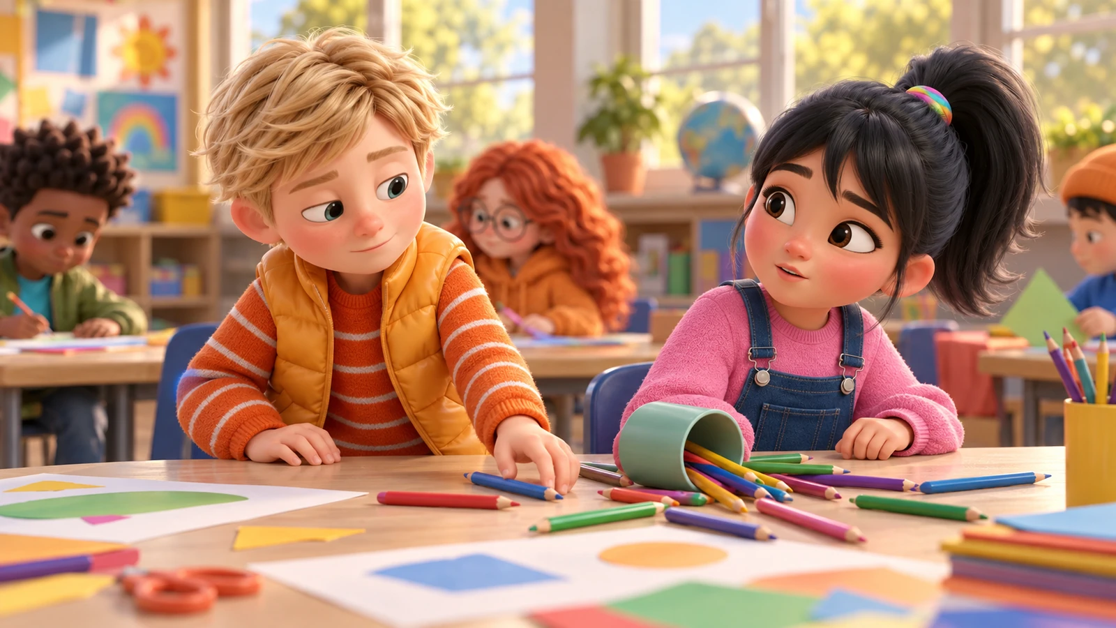 A boy looks toward a classmate whose cup of colored pencils has spilled across their shared table.