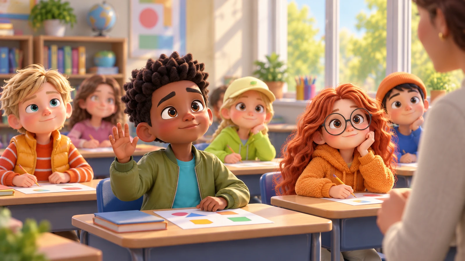 A boy lifts his hand halfway while considering an answer in a sunlit classroom.