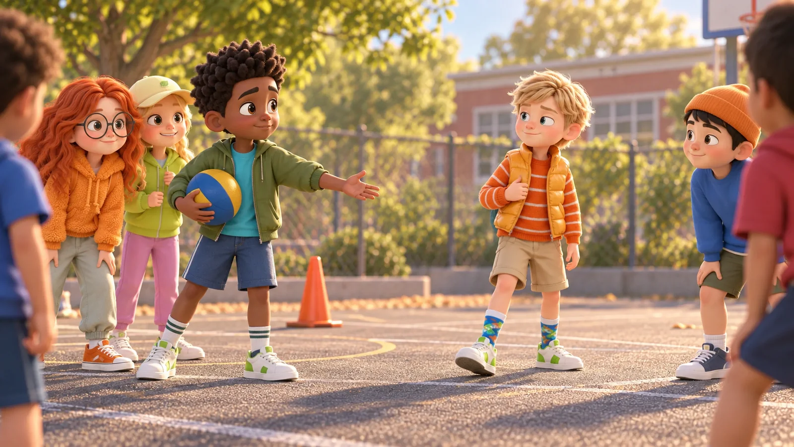 A boy waits beside two newly chosen teams on the school playground.
