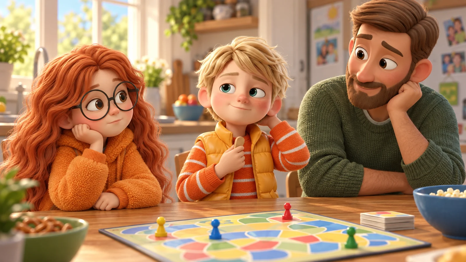 A blond boy holds a game piece while a girl and his father sit beside the board.
