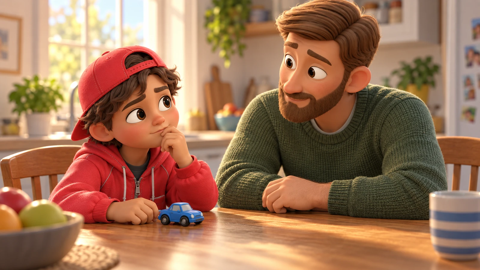 A boy looks at a friend's toy car on the table while his father waits.