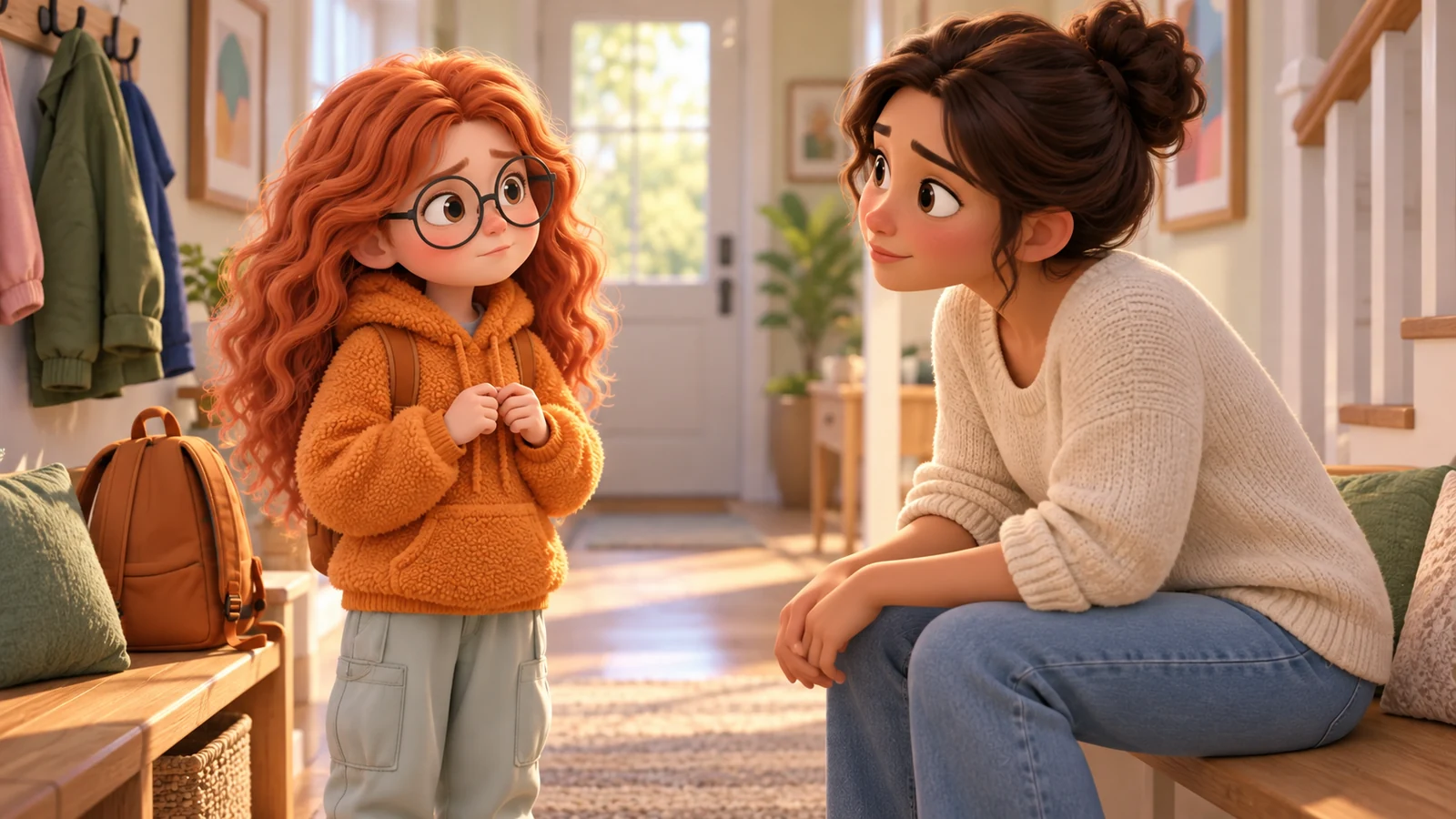 A girl with glasses pauses beside her backpack while her mom listens after school.