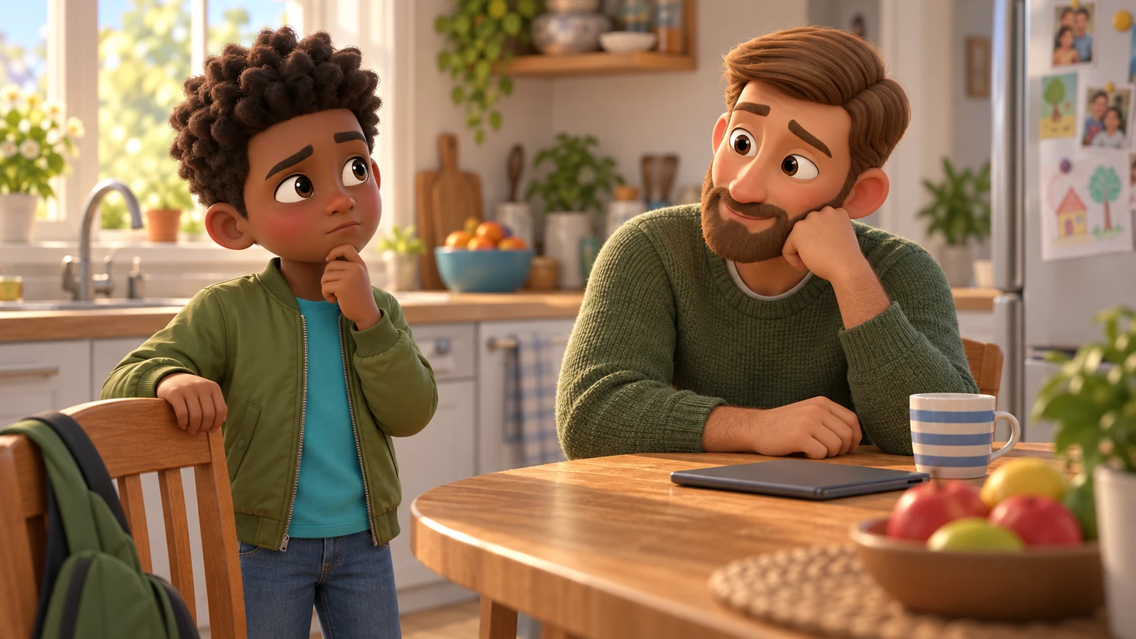 A boy pauses beside a kitchen chair while his dad gives him space and attention.