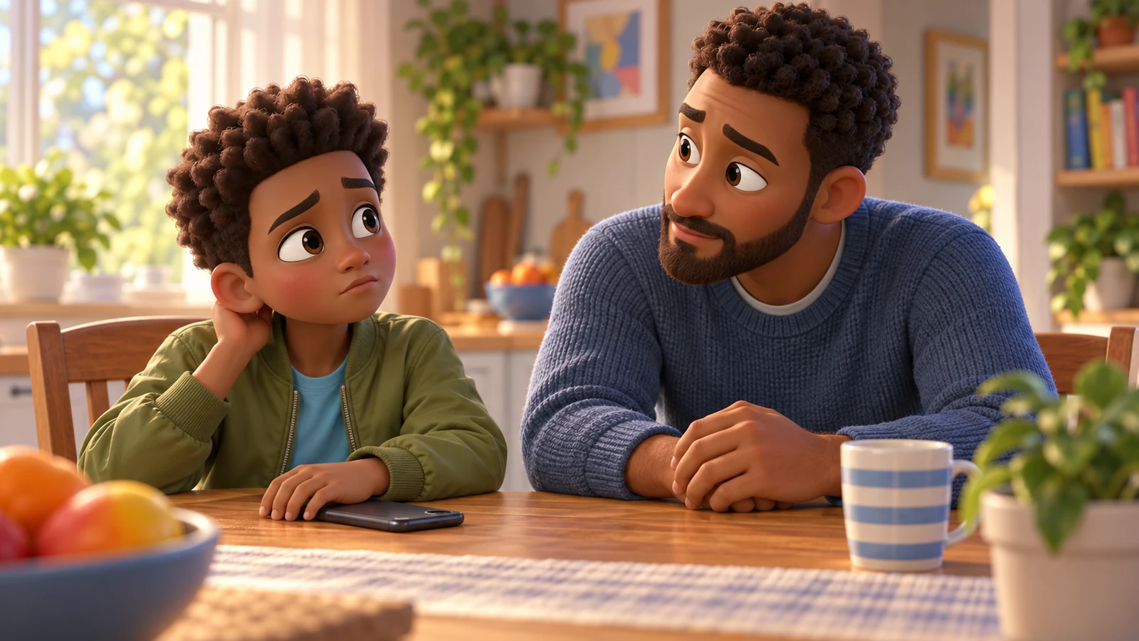 A boy sets his phone down and turns toward a parent at the dining table.