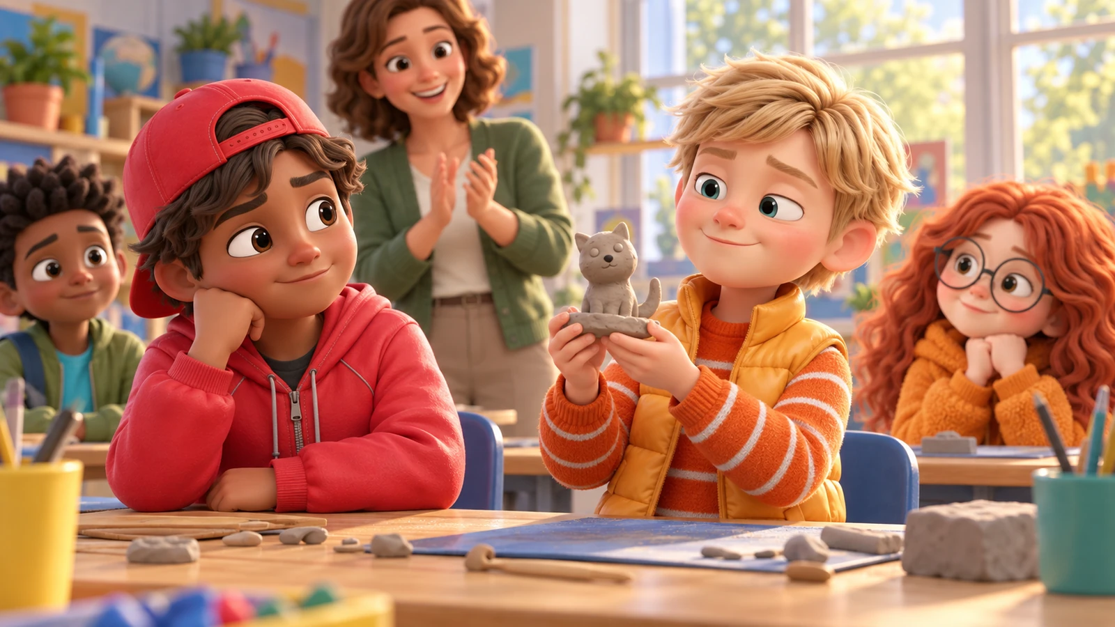 A boy pauses beside his best friend, who holds a clay model at a school activity table.