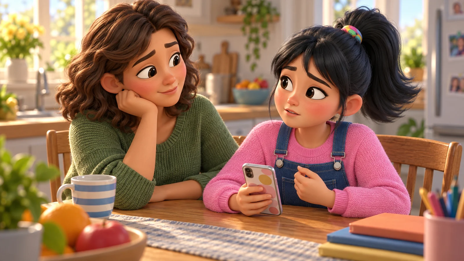 A girl pauses over her phone while her mother listens beside the kitchen table.