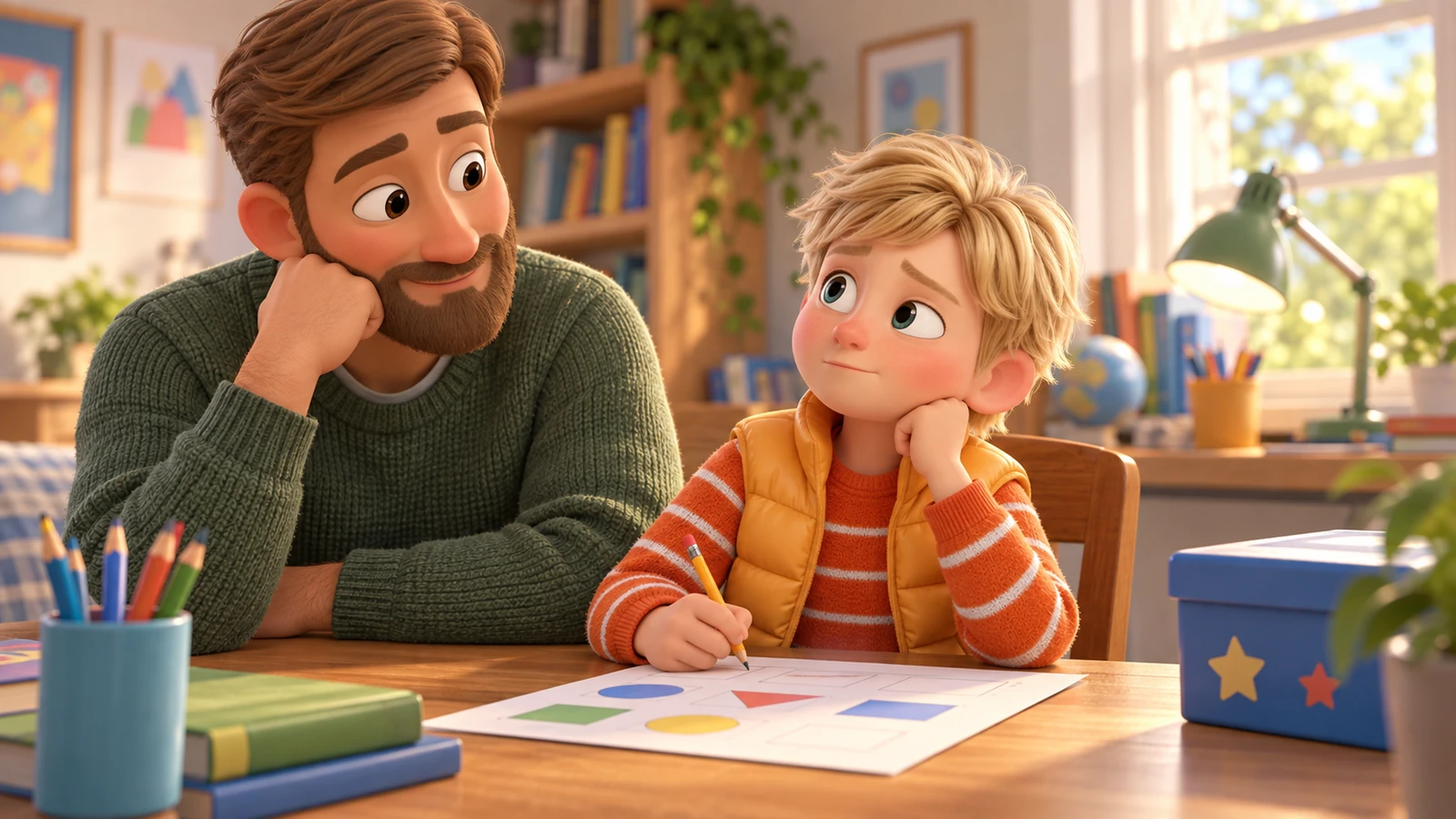 A boy looks up from a worksheet at his dad, who is leaning on one hand and waiting for an answer.