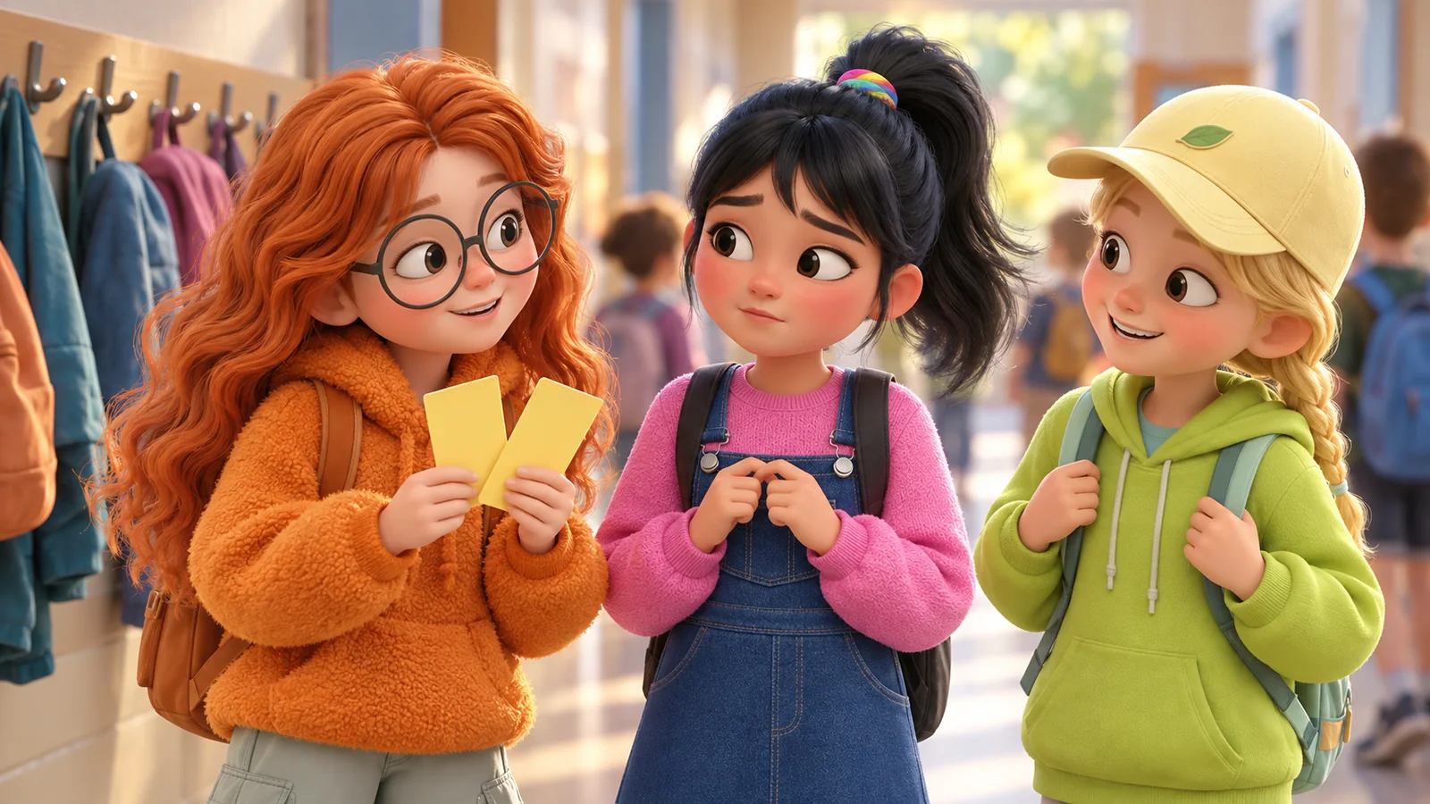 A girl hesitates as her friends show her two plain concert tickets.