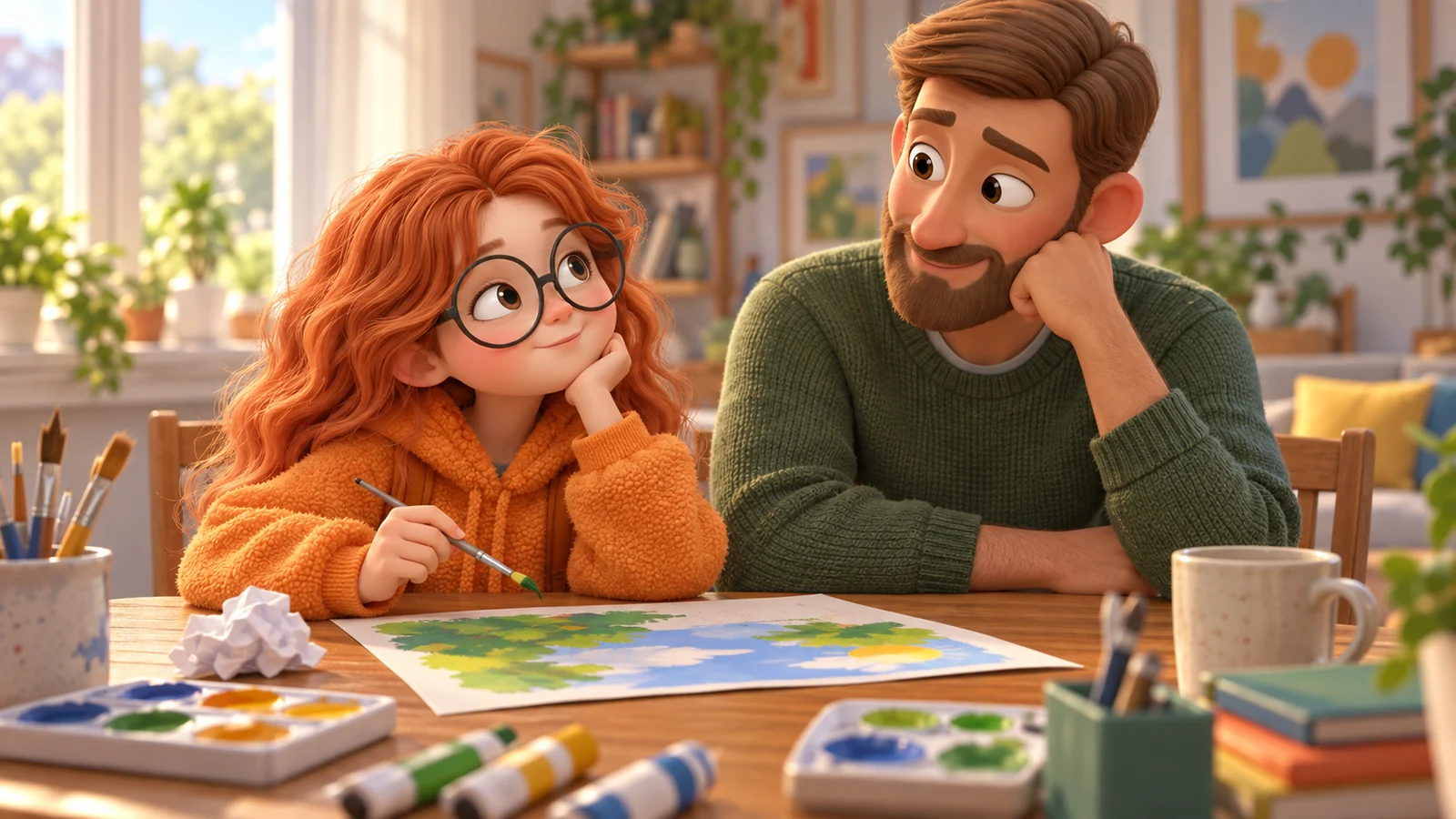 A girl holds a paintbrush over her painting, a crumpled sheet beside her, while her dad sits close.