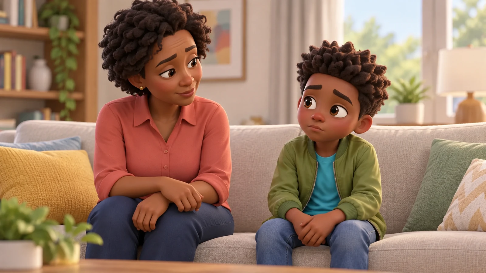 A boy sits quietly beside his mother as she listens on the living-room sofa.