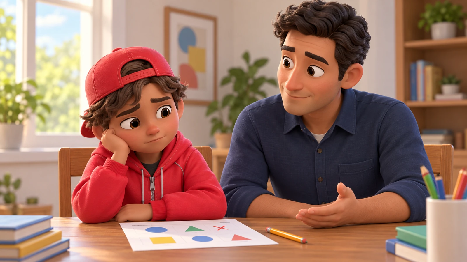 A boy pauses over a worksheet while his father listens at the kitchen table.