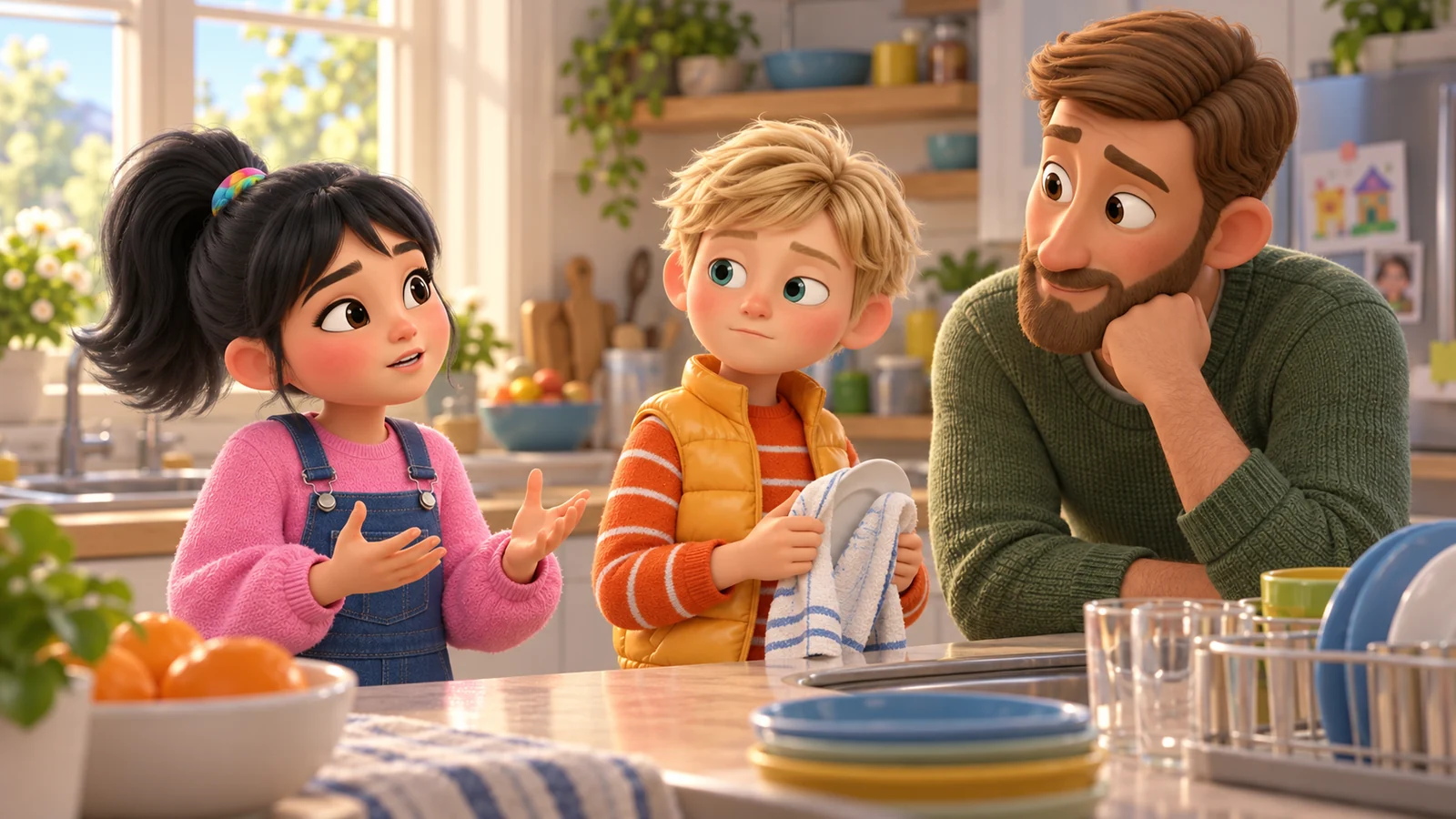 Two children pause beside their parent in the kitchen before discussing a household arrangement.