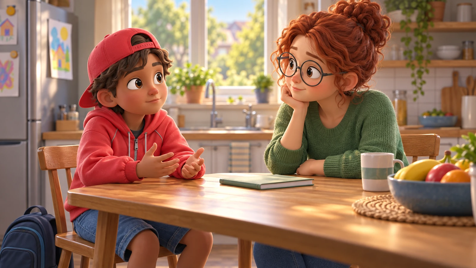 A boy in a red cap explains something with his hands while his mom listens at the kitchen table.