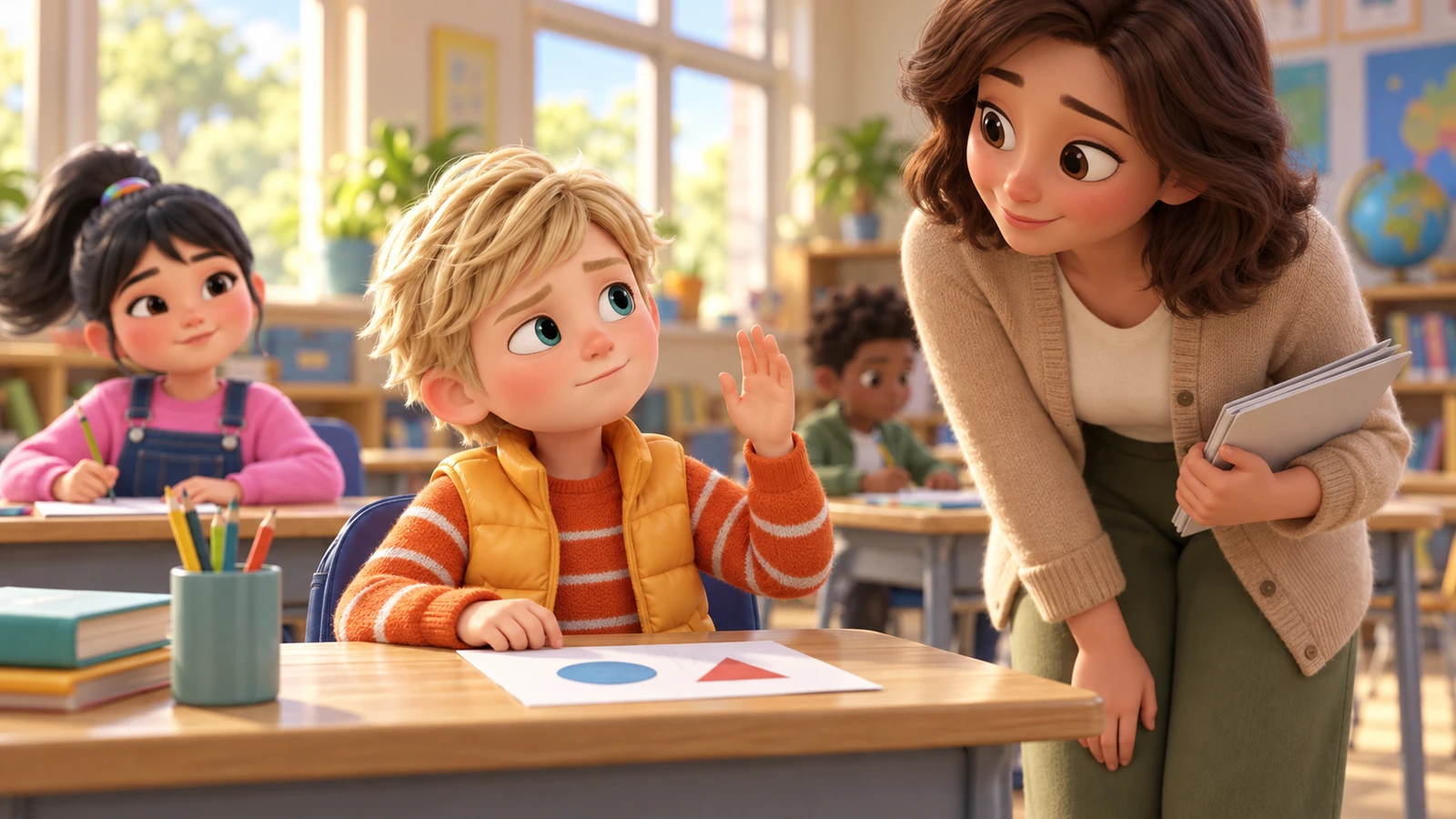 A blond boy raises his hand halfway while looking toward his teacher in a sunlit classroom.