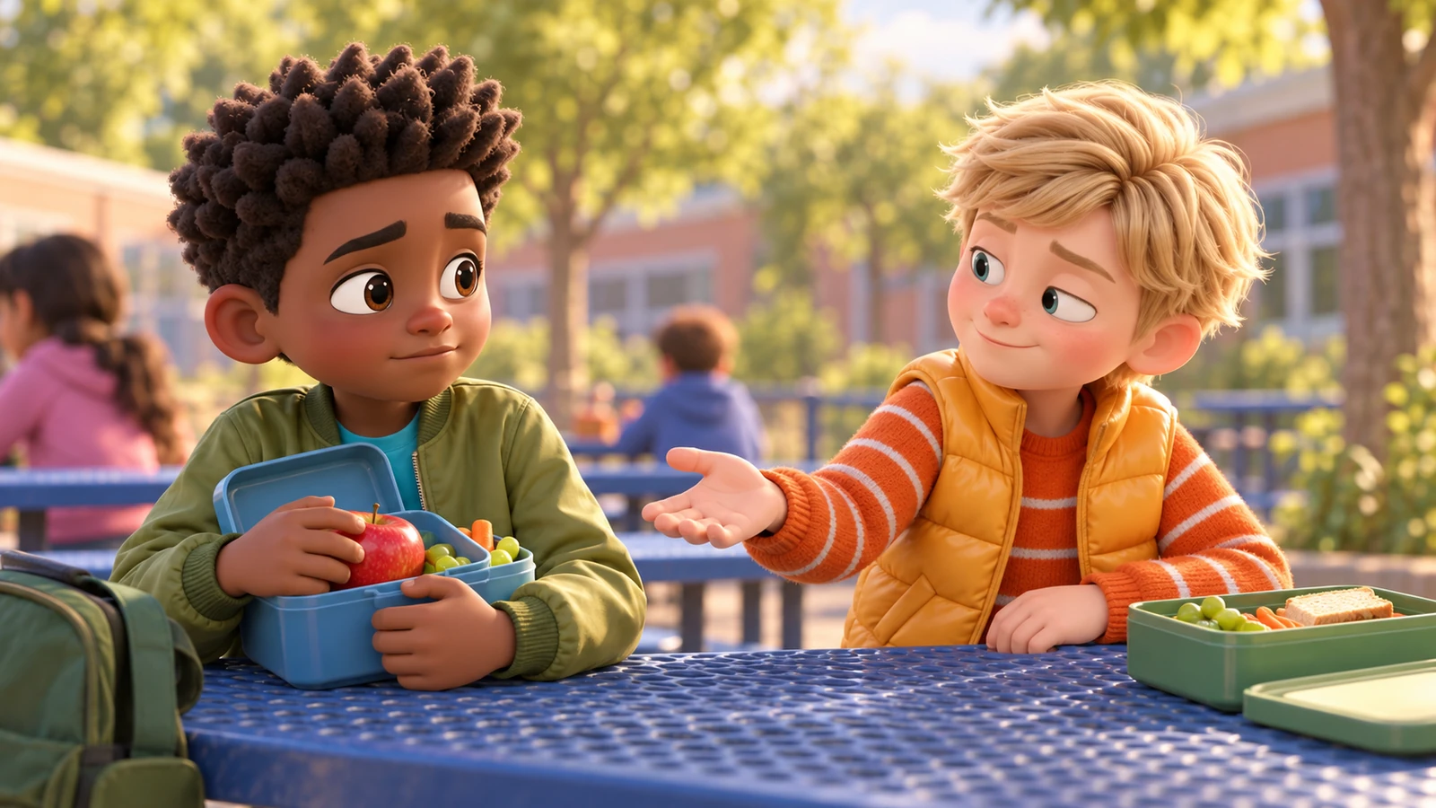 A boy holds his lunchbox while a friend gestures toward the apple inside.