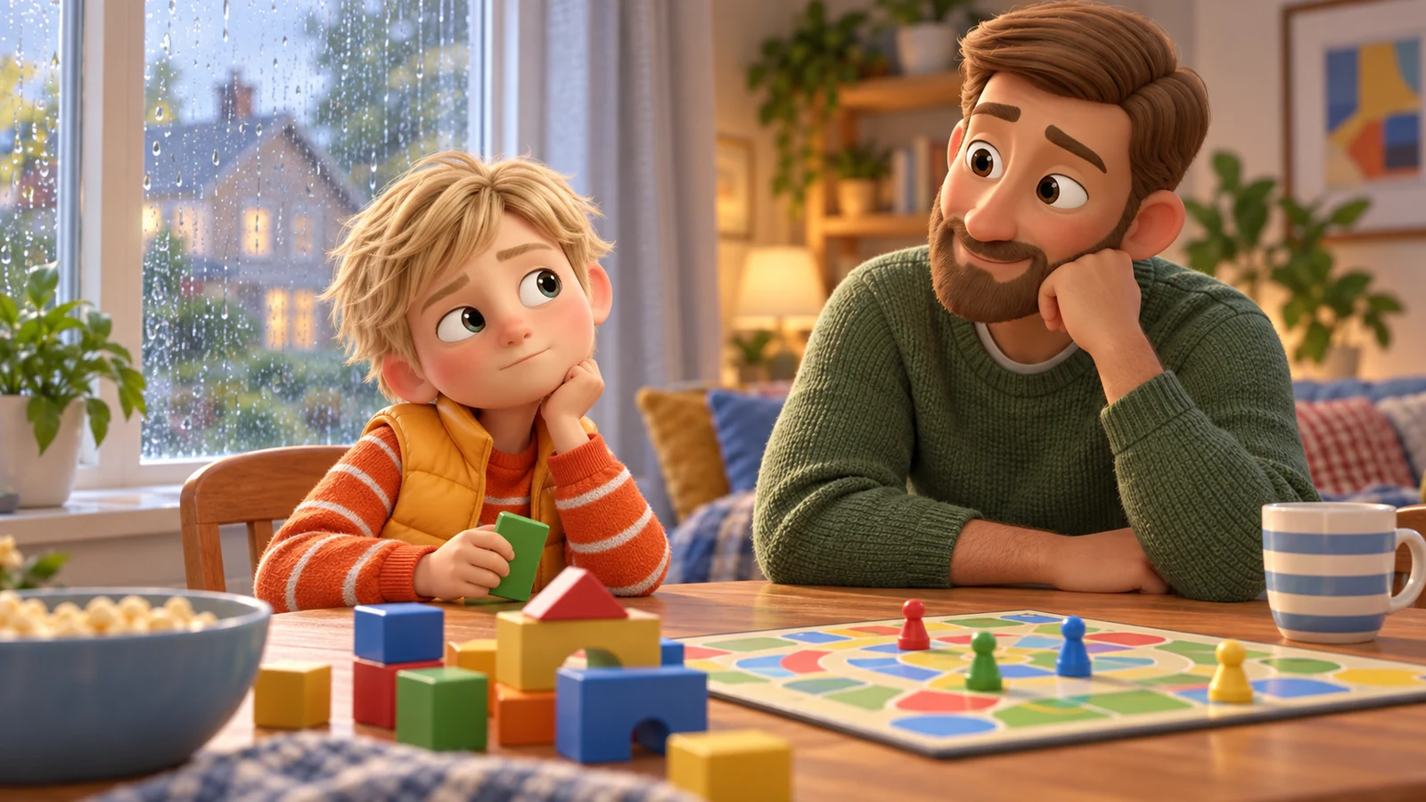 A boy looks out at the rain while his dad sits beside him at a table with blocks and a board game.