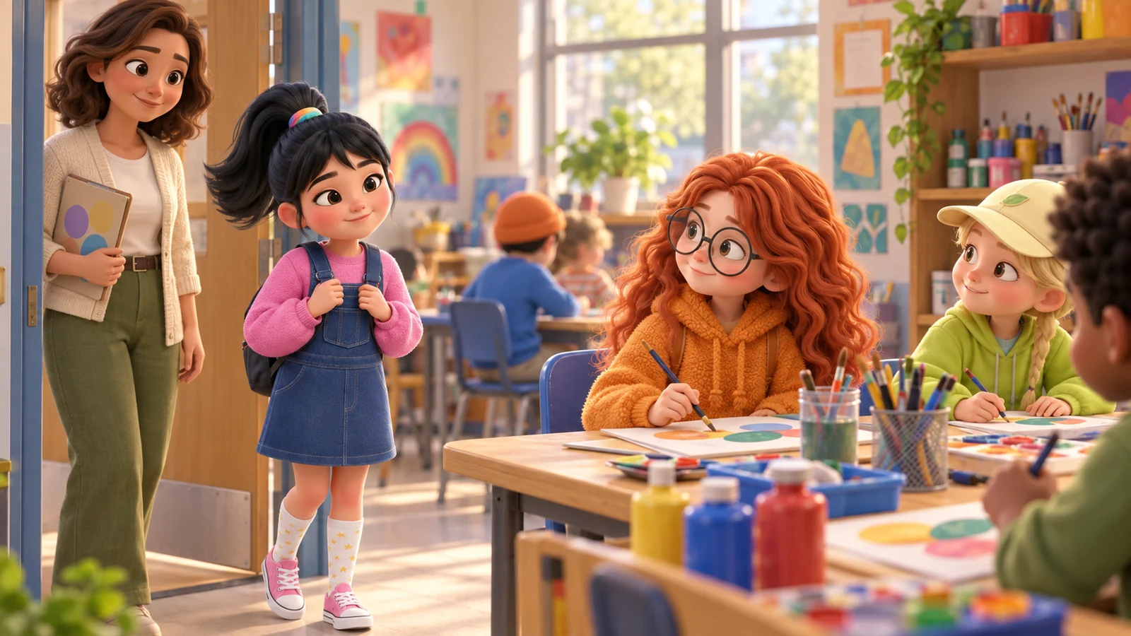 A girl pauses at an art club doorway before approaching another child at a table.