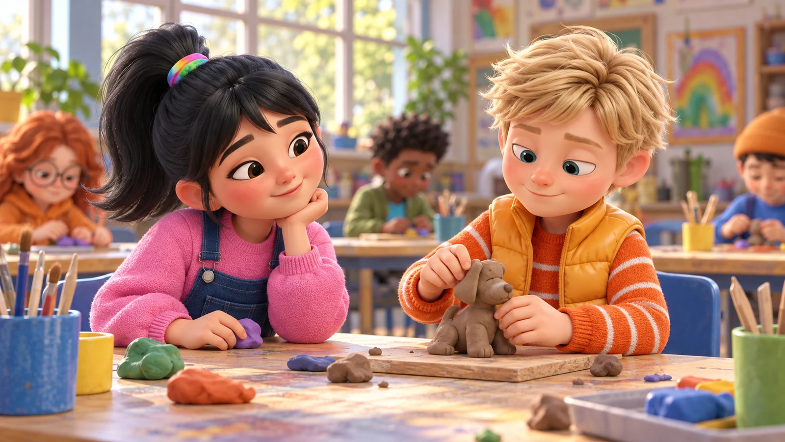 A girl leans on her hand and watches a classmate shape a clay dog at a school art table.
