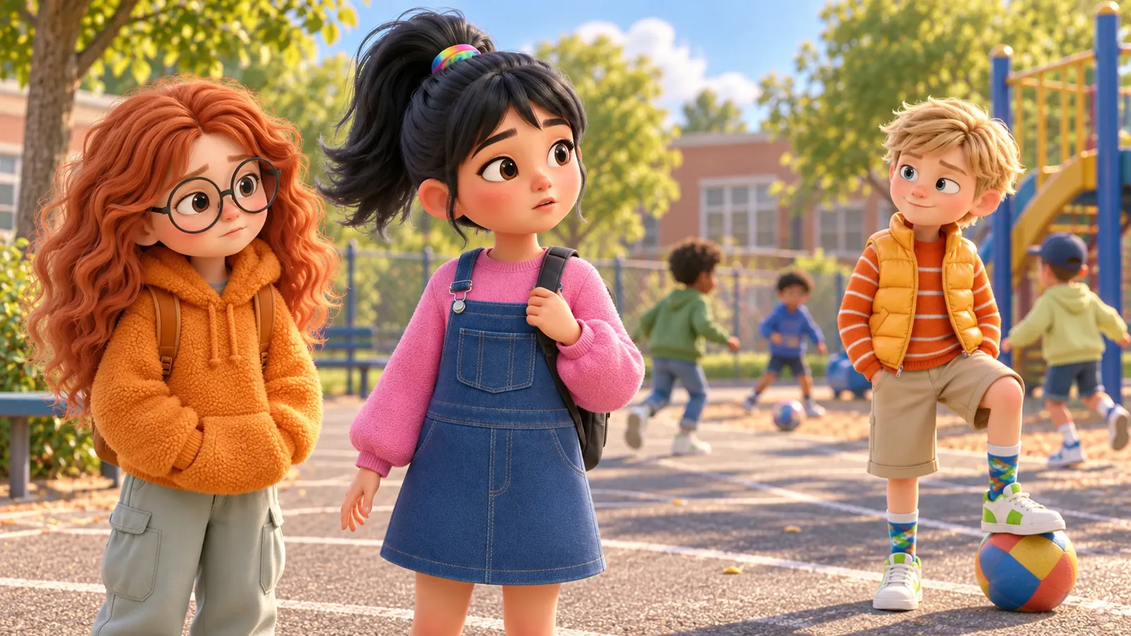 A girl pauses between a nearby friend and another child waiting beside a playground ball.