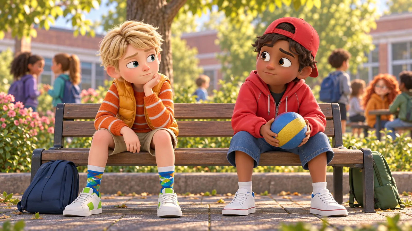 Two boys pause on a school garden bench before discussing a friendship misunderstanding.