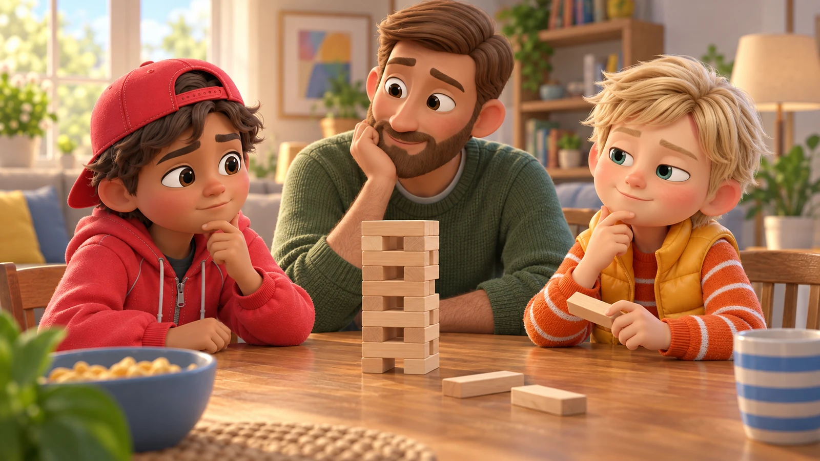 Two boys and a dad sit around a wooden block tower during a family stacking game.
