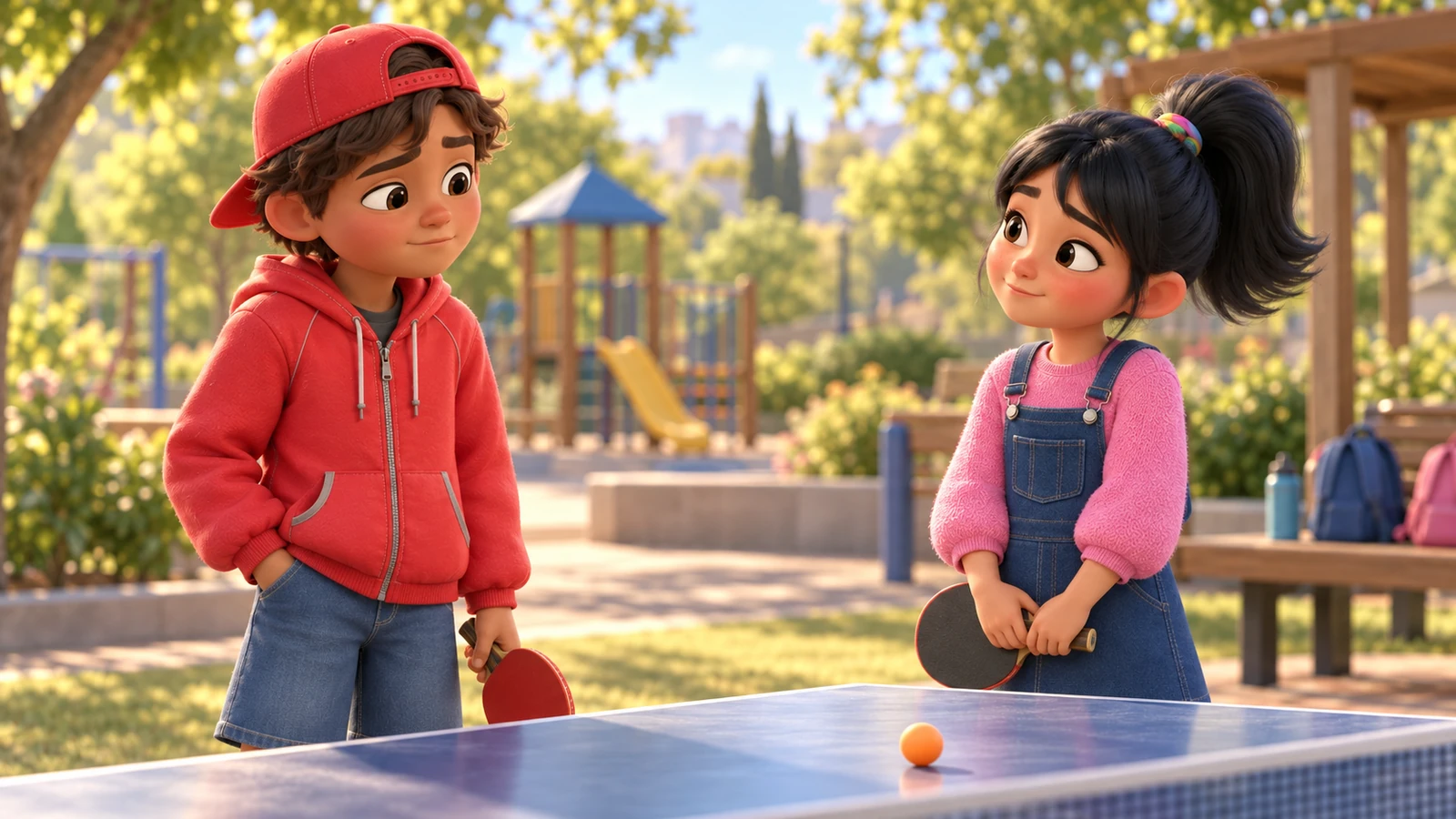 Two children pause beside a table tennis table after finishing their game.