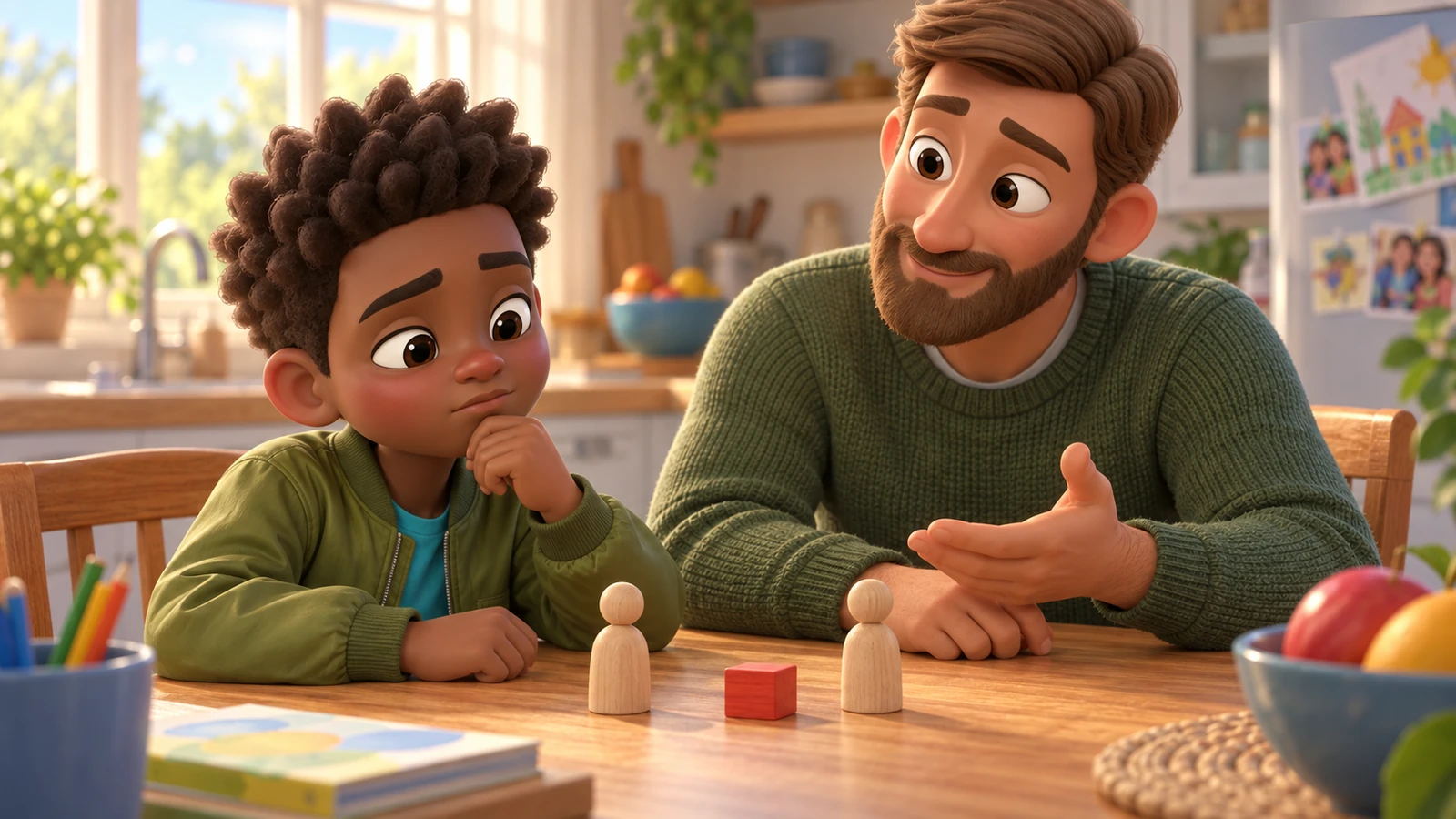 A dad and his son act out a scene with two wooden figures and a red block at the kitchen table.