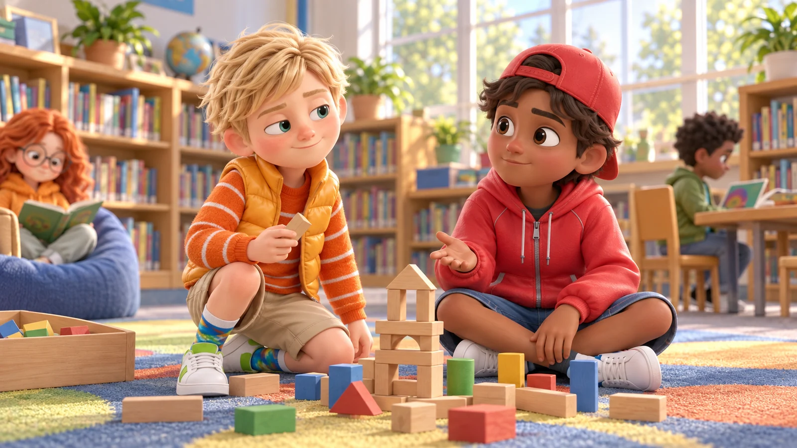 Two boys pause beside a shared block model in a sunlit school library.