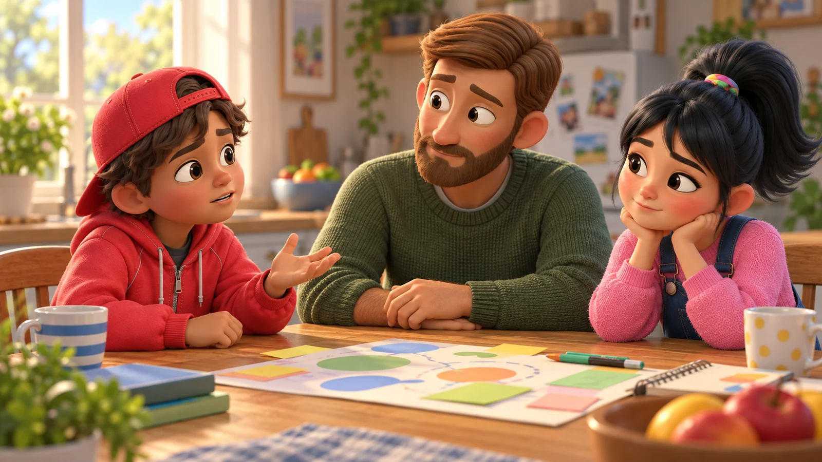A boy and his dad pause across the table before discussing a disagreement about family plans.