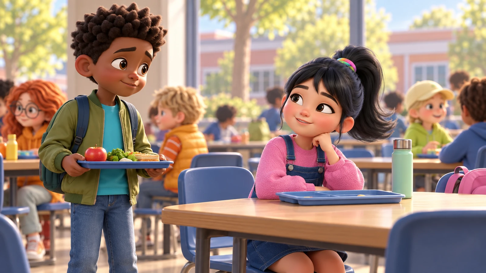 A boy pauses with his lunch tray beside a classmate and an empty seat.