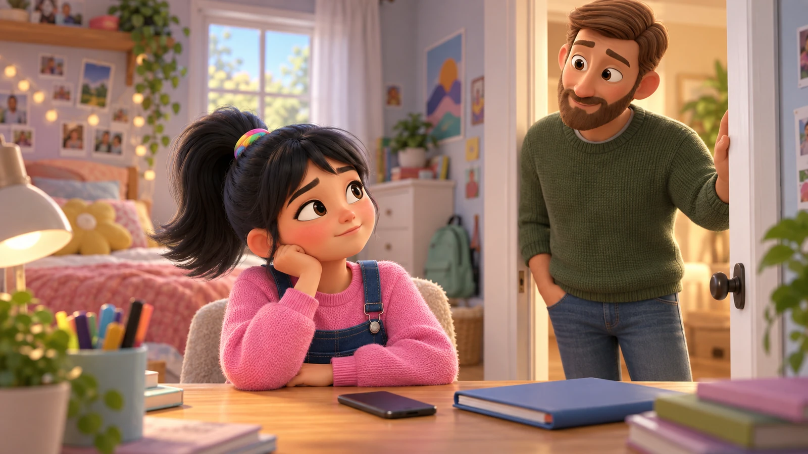 A girl turns from a phone on her desk toward a parent standing in the doorway.