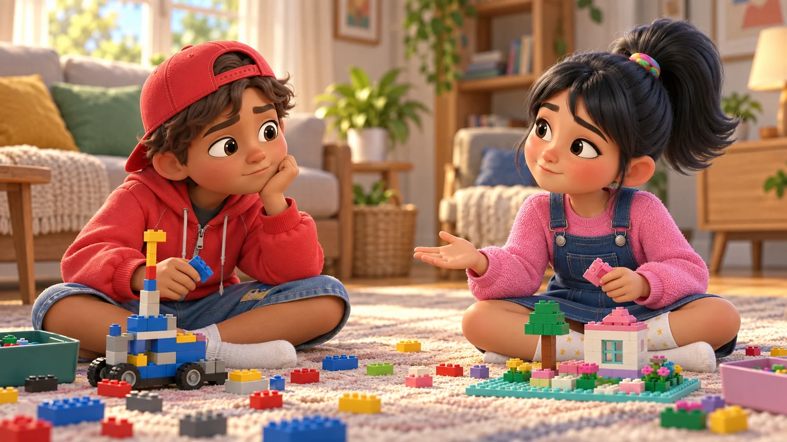 Two children pause beside their separate block projects during a shared play session.
