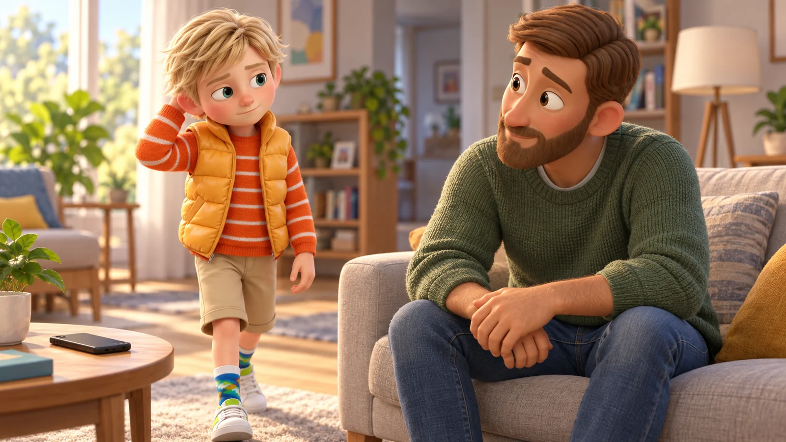 A boy leaves his phone face down on a side table and approaches his dad.