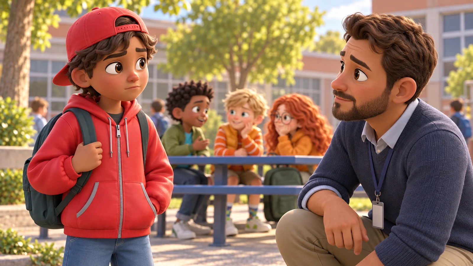 A boy steps away from a clustered group of friends toward an adult in the school courtyard.