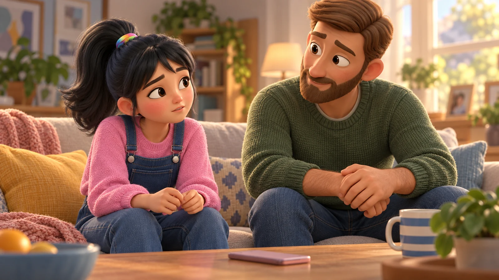 A girl turns toward her father after setting her phone face down on the table.