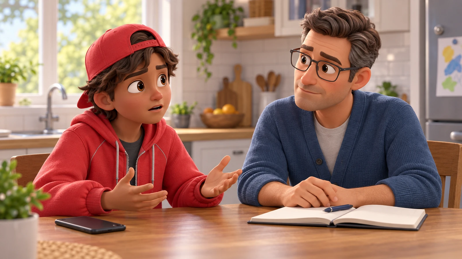 A teenage boy explains something to his father with a phone and notebook on the kitchen table.