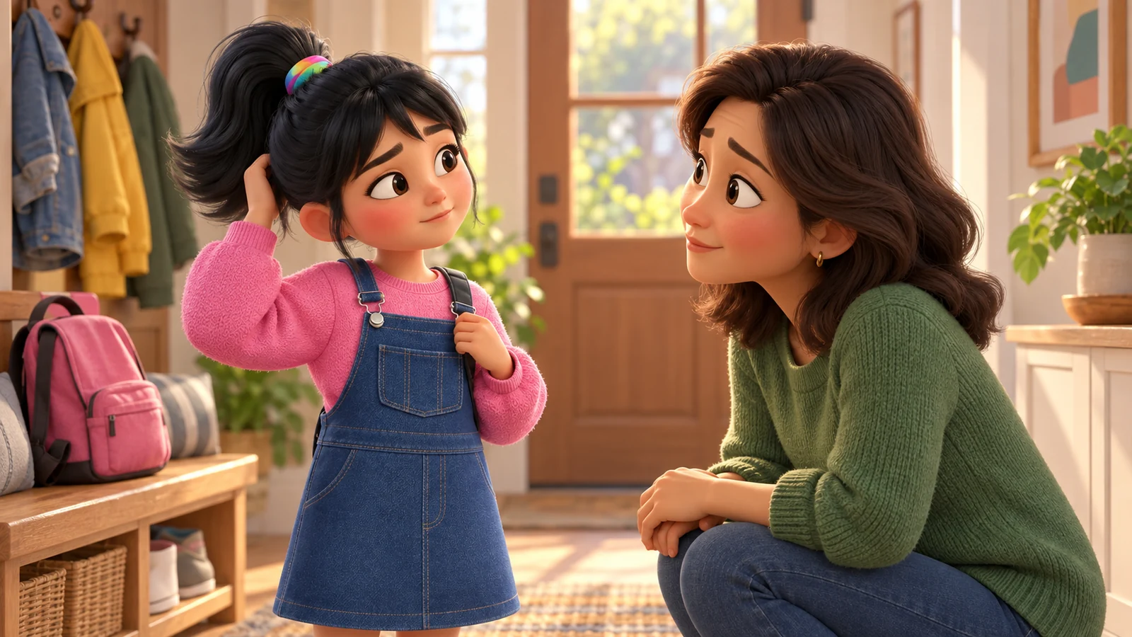 A girl touches her ponytail while preparing to tell her mom about a school comment.