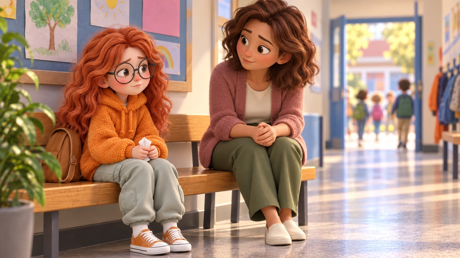 A girl holds a tissue on a quiet school bench while a teacher waits nearby.