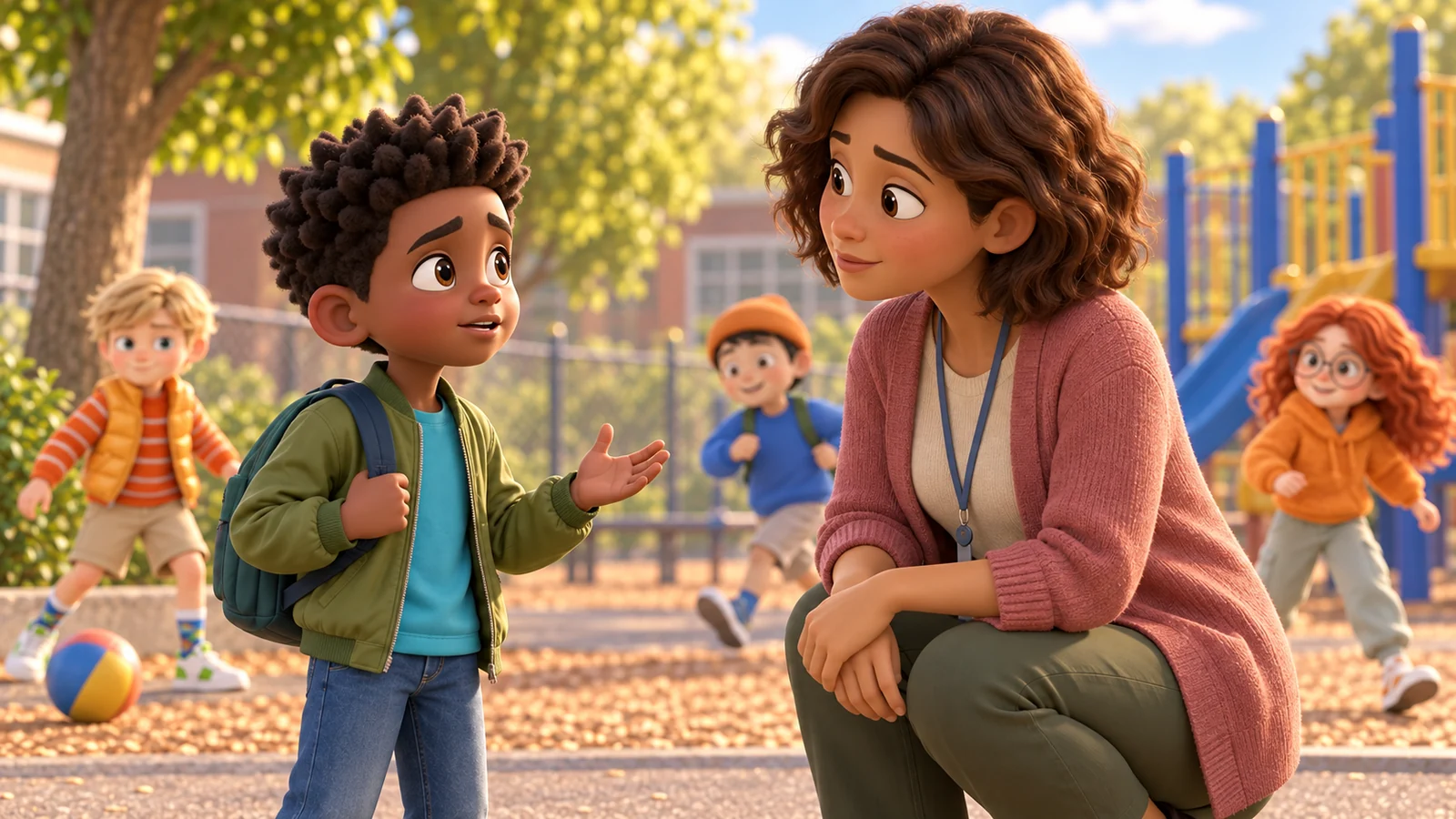 A boy stands safely beside a playground teacher before explaining what happened at recess.