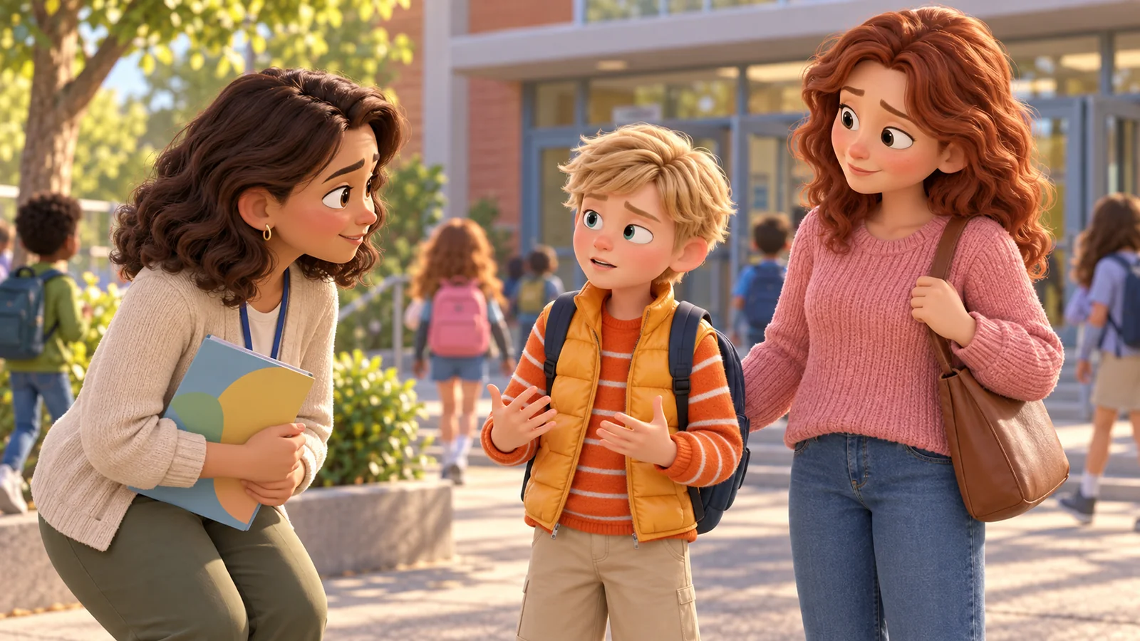 A boy stands with his mom and teacher near the school entrance before describing his day.