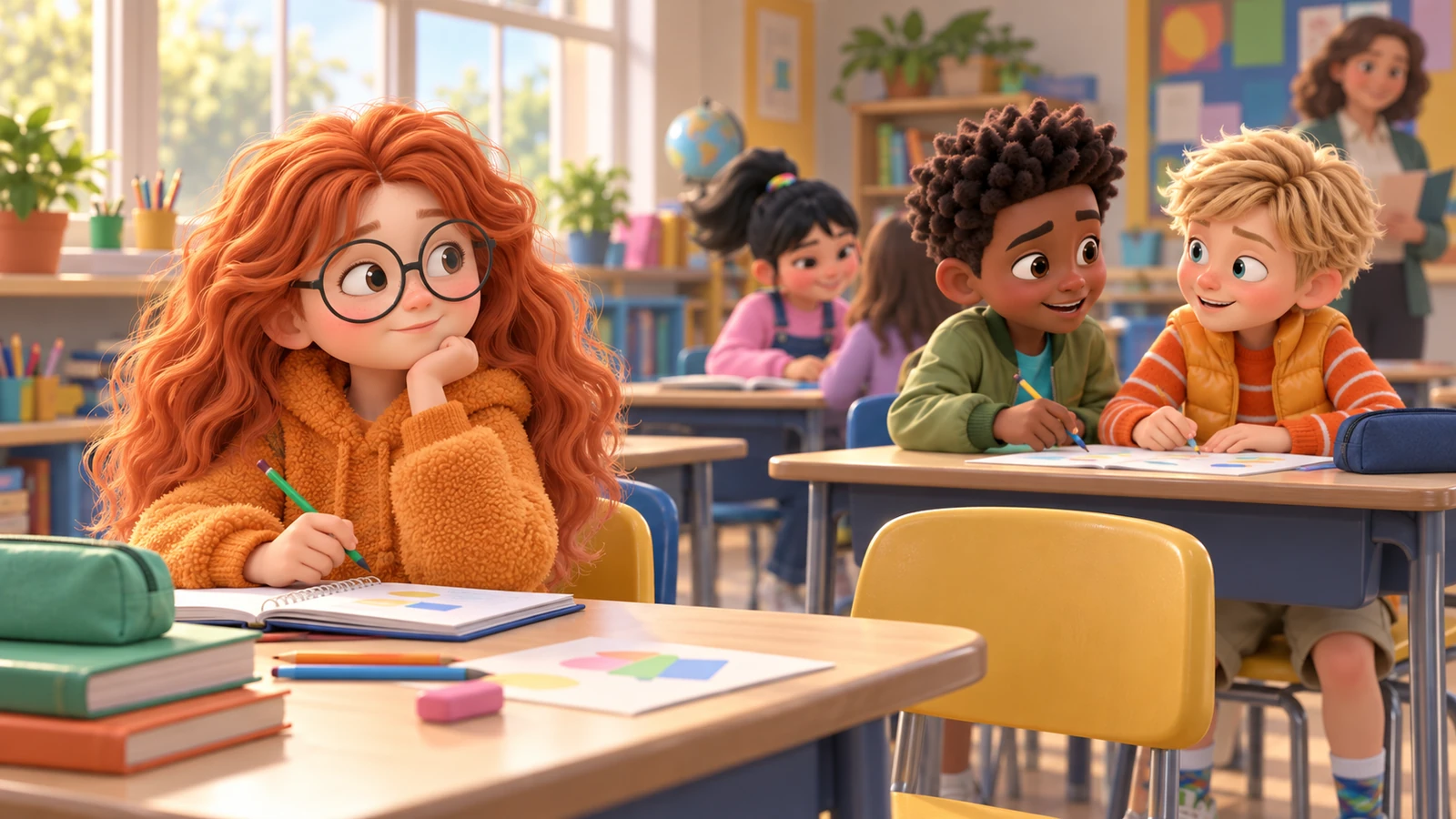 A girl pauses with classroom supplies while two classmates pair up at a nearby table.