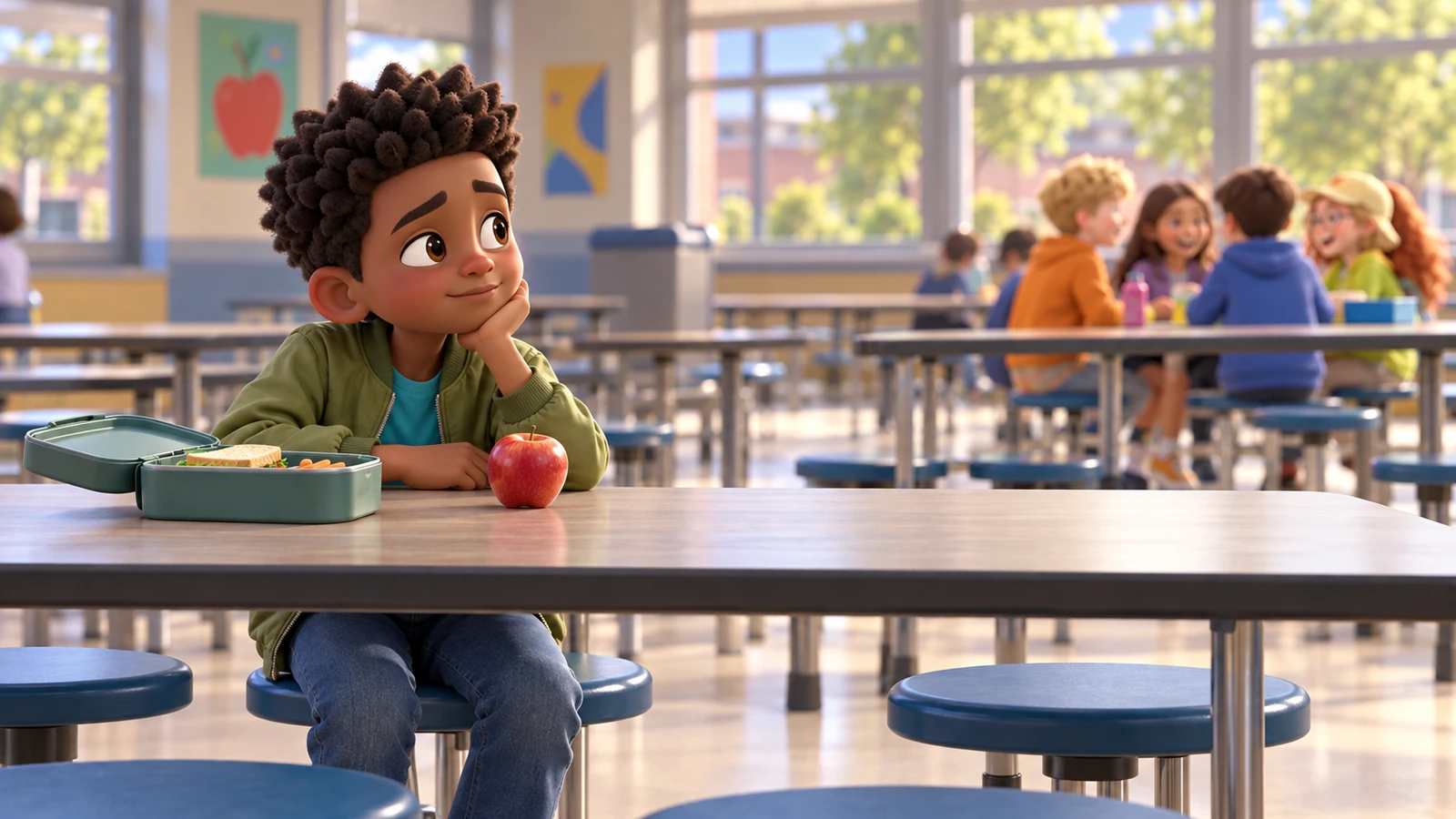 A boy sits alone at a cafeteria table while other pupils sit together farther away.